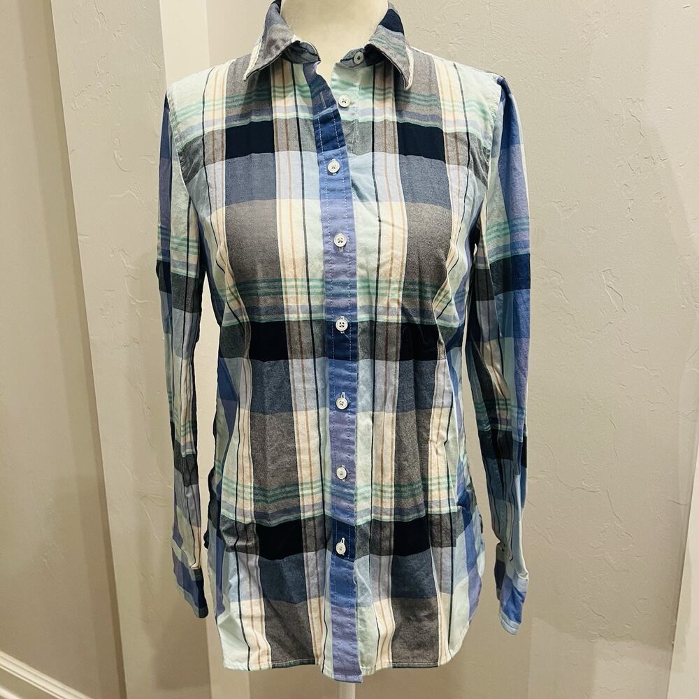 Talbots Top Womens XS Blue Gray Plaid Long Sleeve Button Casual (A0127)